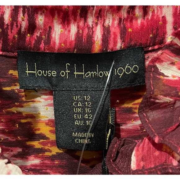 HOUSE OF HARLOW 1960 Burgundy Chiffon Ruffle Neck Long Sleeve Mini Dress - Picture 3 of 6